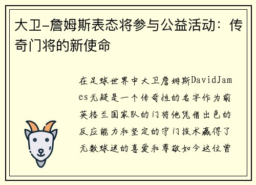 大卫-詹姆斯表态将参与公益活动：传奇门将的新使命